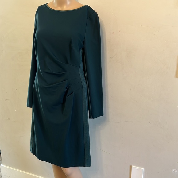 LAUREN Ralph Lauren Ruched Long Sleeve Sheath Dres size 8 Pine Green Faux Suede - Picture 3 of 8